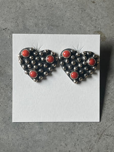 Sterling silver & coral heart-shaped earrings